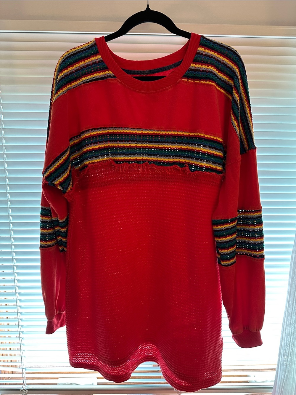 BDG Bright Red Crewneck Sweater with Multicolor Stripes